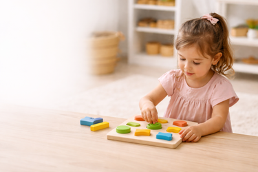 Child playing with colorful wooden blocks on a table in a bright room.