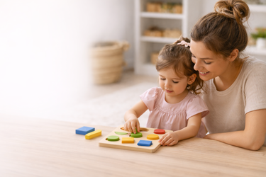 Woman and child playing with colorful wooden blocks on a table